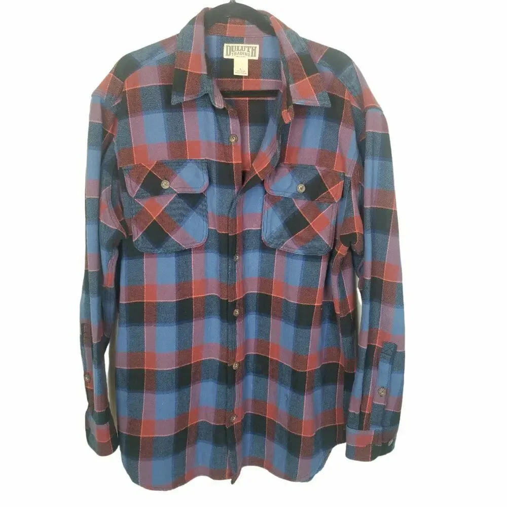 Duluth Trading Co Mens Plaid Flannel Shirt Size L Gorpcore Heavyweight Workwear